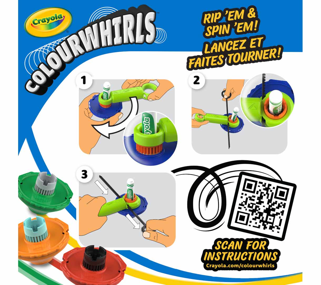 Colourwhirls  3 count rip 'em and spin 'em scan qr code for instructions