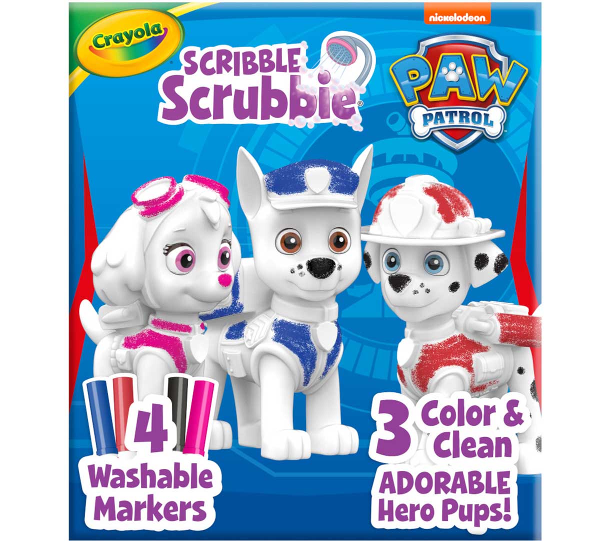 cribble Scrubbie Paw Patrol  3 count. 4 washable markers. 3 color & clean adorable hero pups!