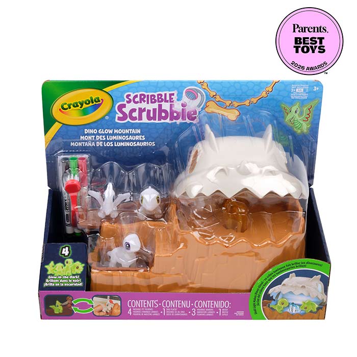 Scribble Scrubbie Dino Glow Mountain front view with 2026 parent's toy award seal.