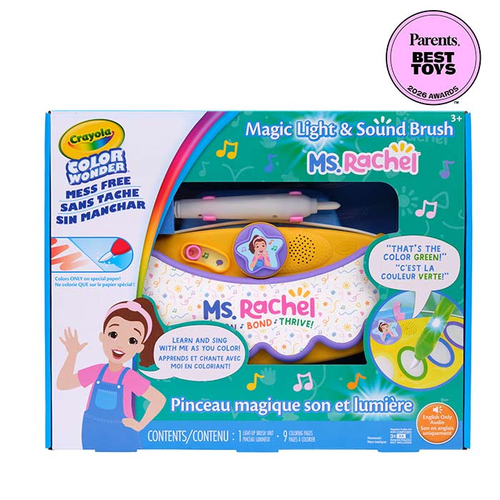 Ms. Rachel magic light and sound brush front view with 2026 parent's toy award seal.