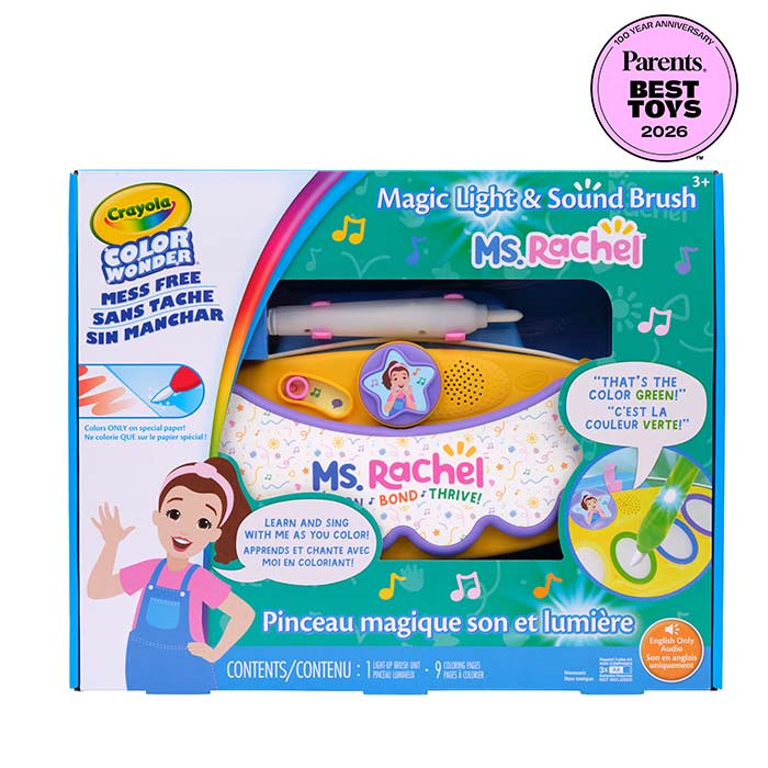 Ms. Rachel magic light and sound brush front view with 2026 parent's toy award seal.