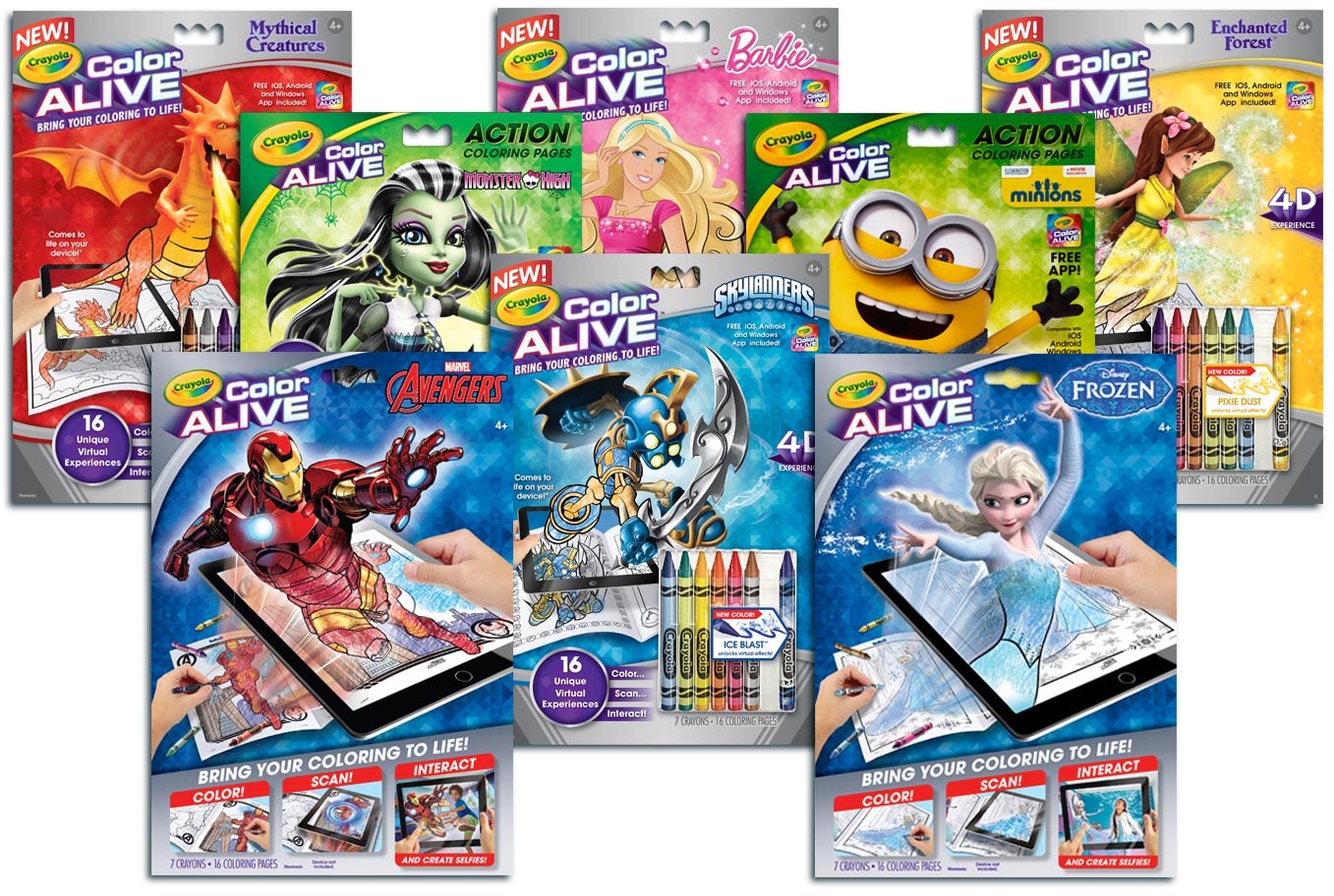CRAYOLA COLOUR ALIVE MINIONS  MAGIC COLOURING PAGES WITH 7 CRAYONS X2 NEW FPP 