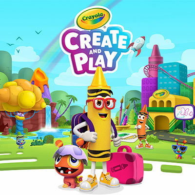 Crayola crayon character standing in Create and Play virtual world with their pet
