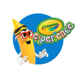 Crayola crayon character staring in awe at Crayola Experience logo