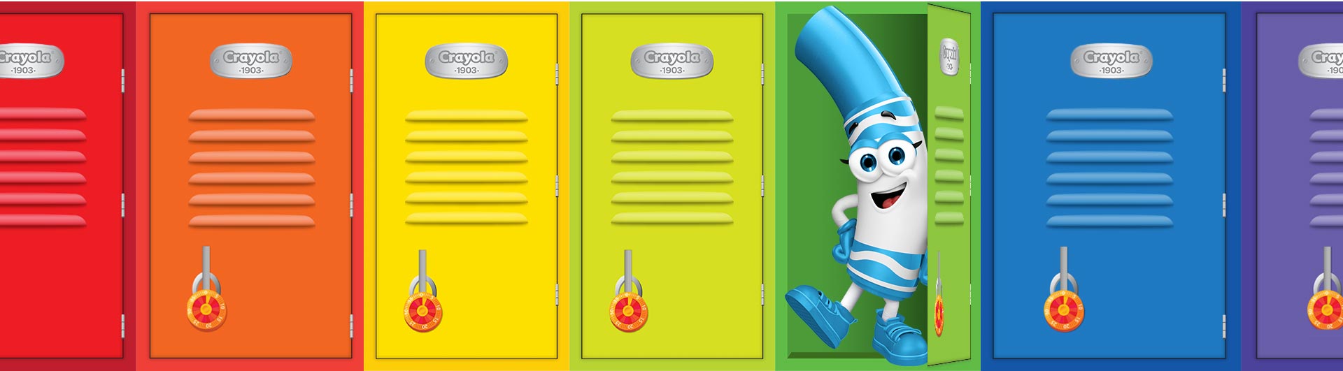 Crayola marker character standing in a locker in a row of rainbow colored lockers