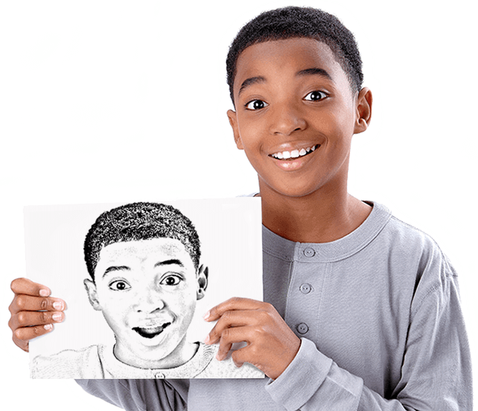 Young kid holding customized coloring page of their own face