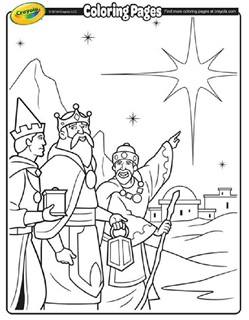 Three kings pointing and looking at the star of David while walking through a desert.