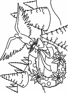 Dove flying and carrying a decorated Christmas wreath flying over pine trees